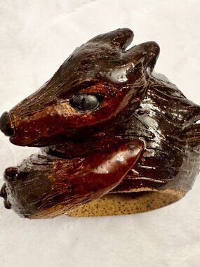 Stoneware Studio Pottery Figurine Small Fox at Rest Brown Signed Zoo RARE